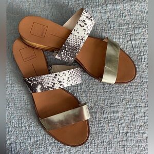 DOLCE VITA FLAT SLIDE ON SANDALS W/GOLD LEATHER/SNAKESKIN PRINT STRAPS SIZE 10